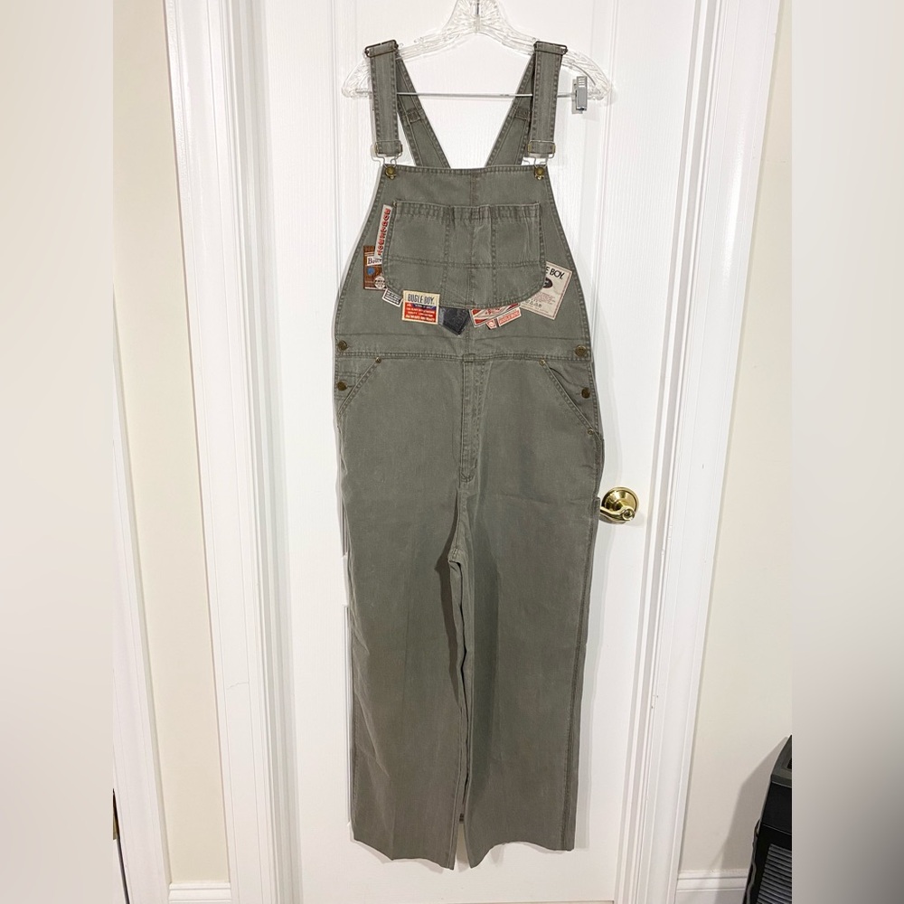 90s Bugle Boy Gold Crest Patches Carpenter Denim Overalls Vintage Olive Size 30